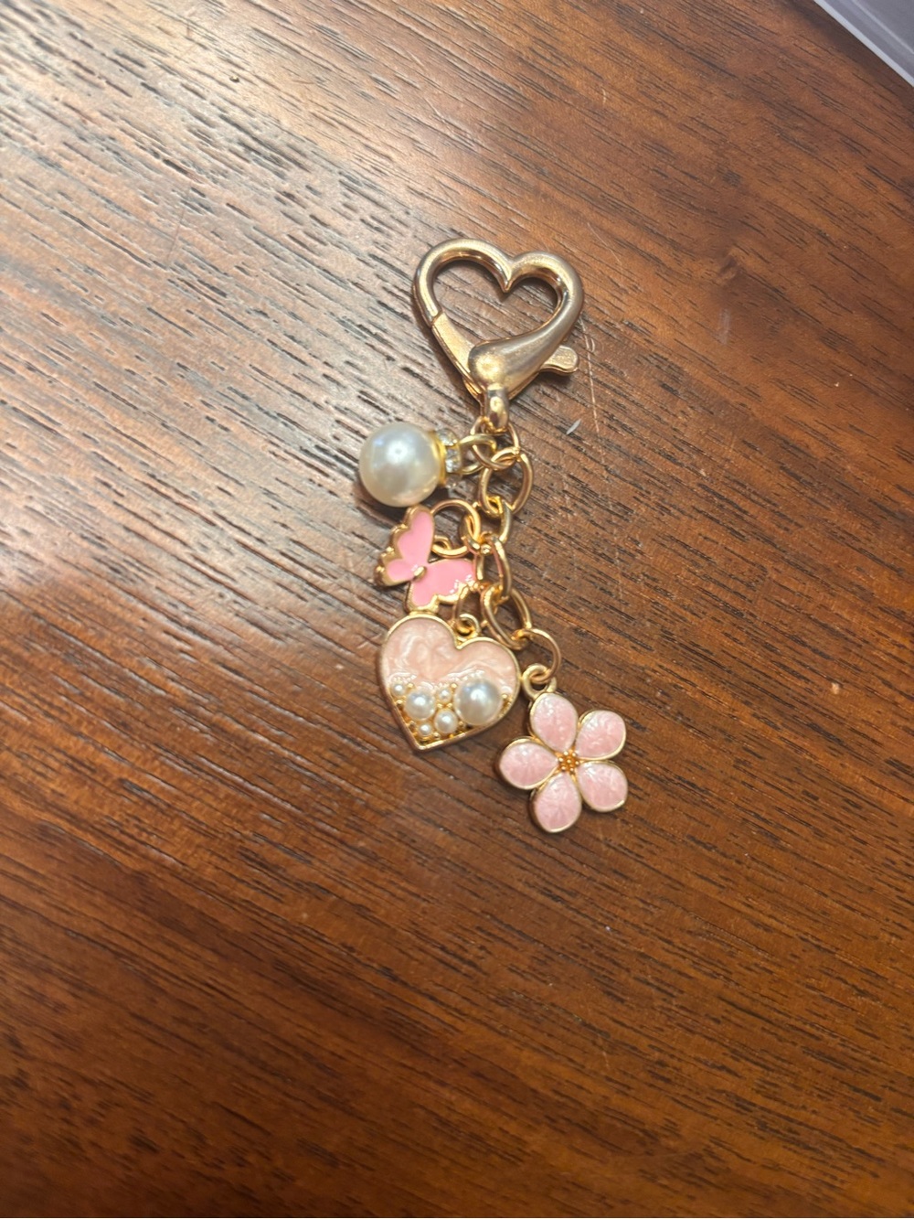 New pretty Gold and Pink Heart & Flower Keychain Card Holder Charm Pearl